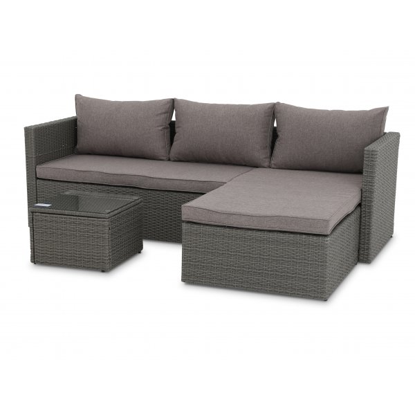 Utegrupp; divansoffa med bord i gr� rotting + M�beltassar