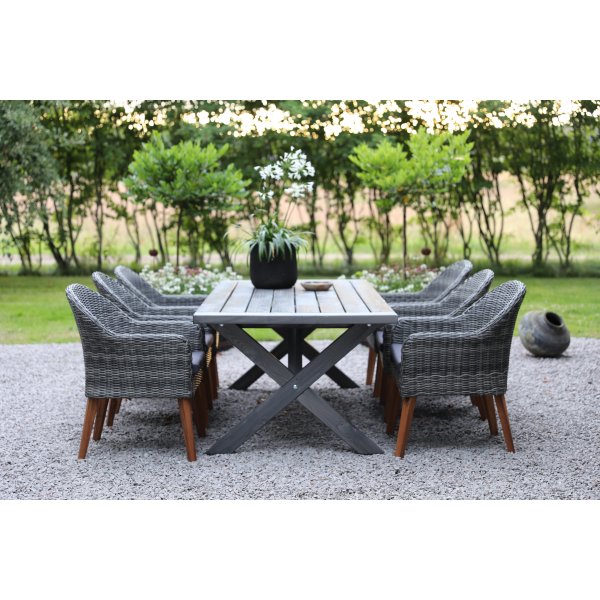 Oxford utematgrupp; grått bord 220 cm inkl 6 st Valetta fåtöljer grå konstrotting Oxford utematgrupp; grått bord 220 cm inkl 6 st Valetta fåtöljer grå konstrotting