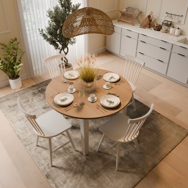 Matgrupp: Dalar�s runt matbord vit / oljad ek inklusive 4 st Karl pinnstolar + 3.00 x M�beltassar