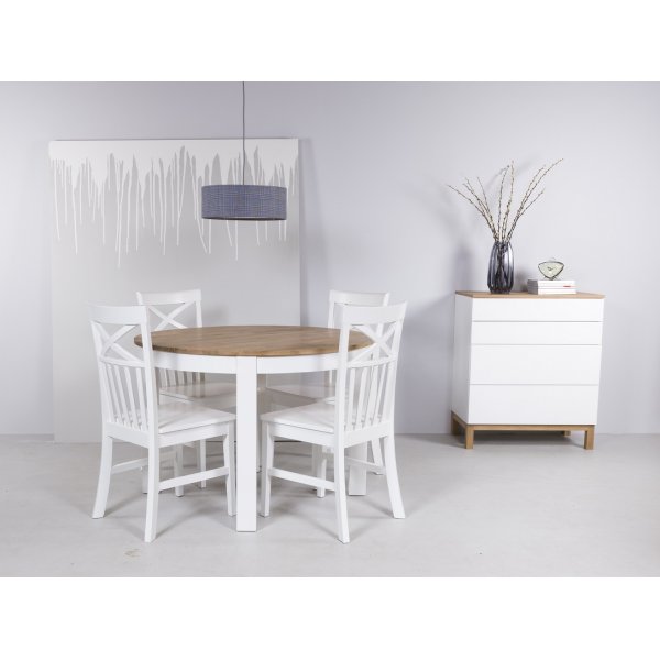 Dalarö matgrupp runt bord vit/ek + 4 st Mellby stolar Dalarö matgrupp runt bord vit/ek + 4 st Mellby stolar